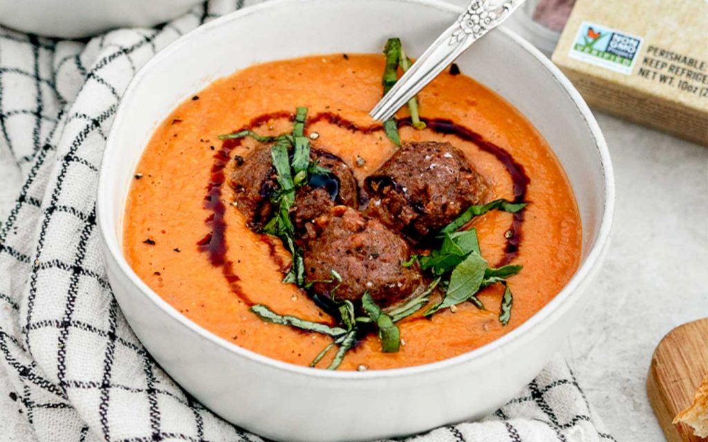 Sheet Pan Tomato Soup with Beyond Meatballs